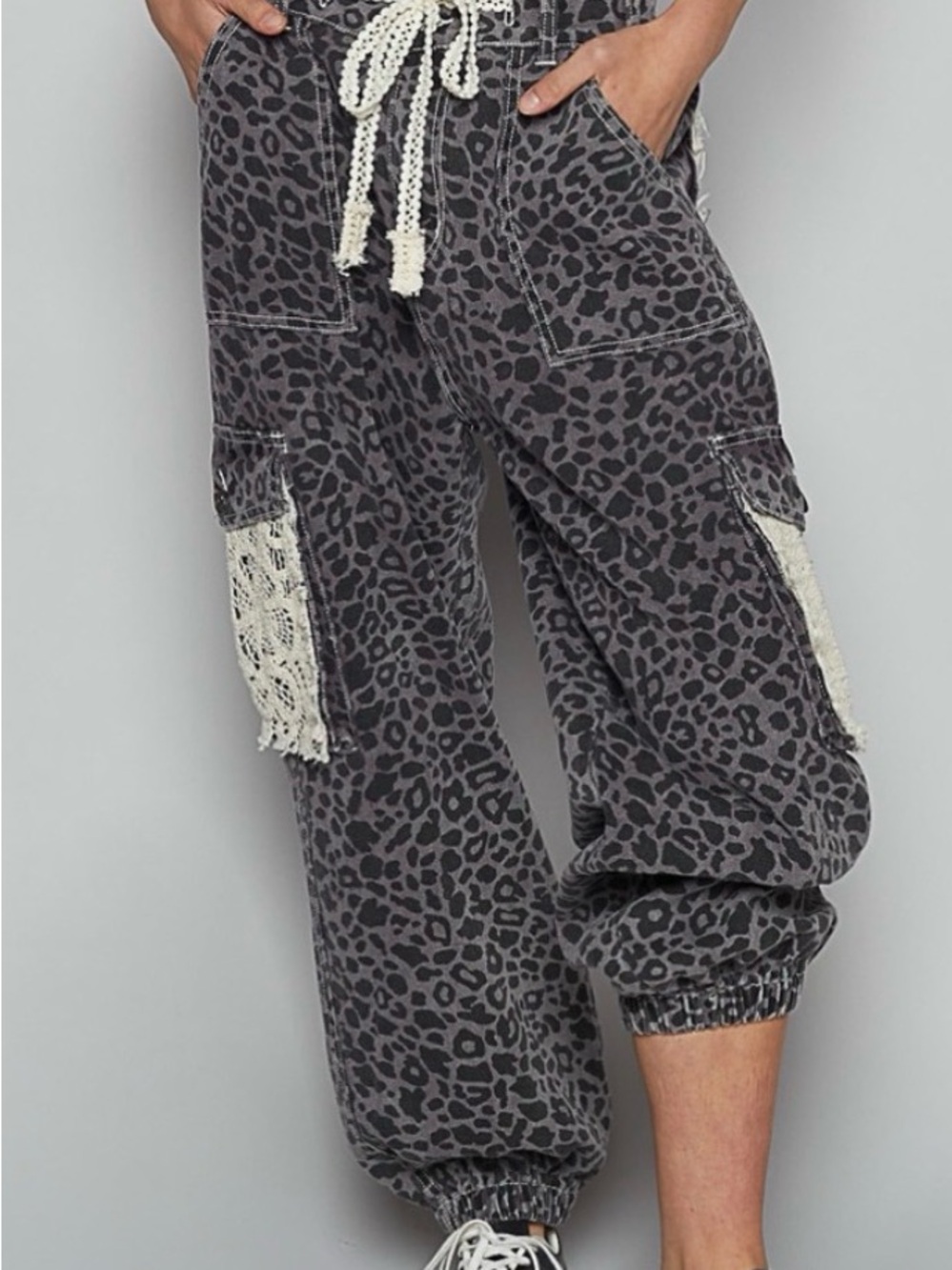 POL Gray Leopard Print Cargo Joggers with Lace Trim